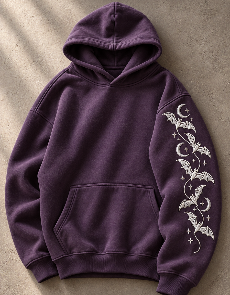 Moonlit Bat Sleeve embroidery design shown on a chosen surface