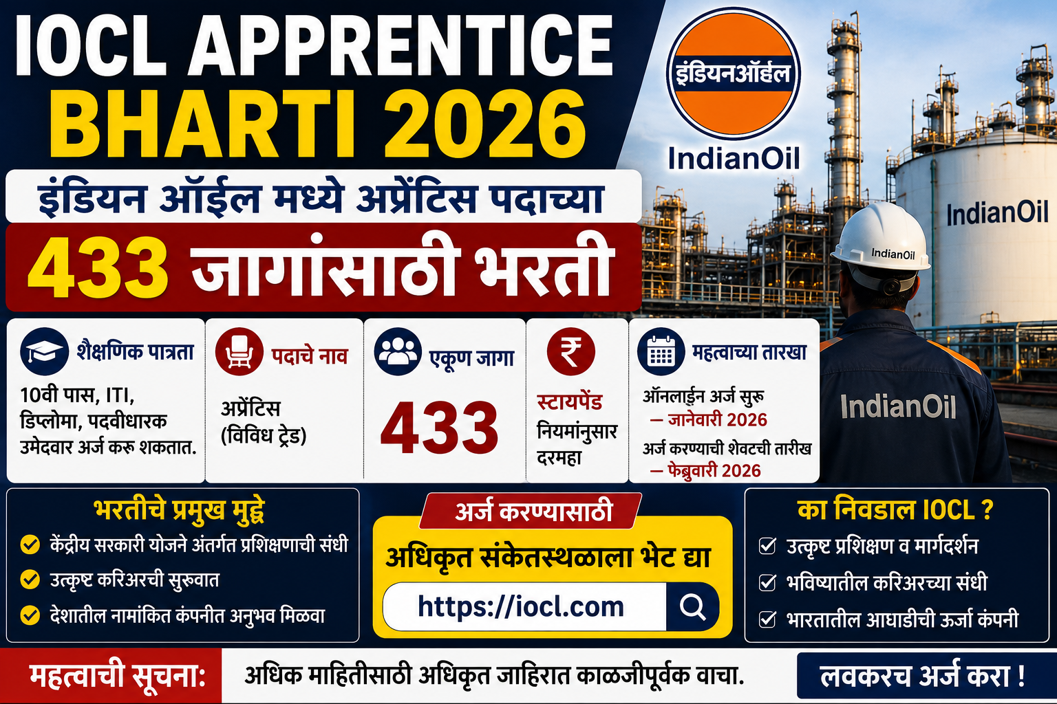 IOCL Apprentice Bharti 2026 IOCL Apprentice Bharti 2026 Indian Oil 433 apprentice vacancies