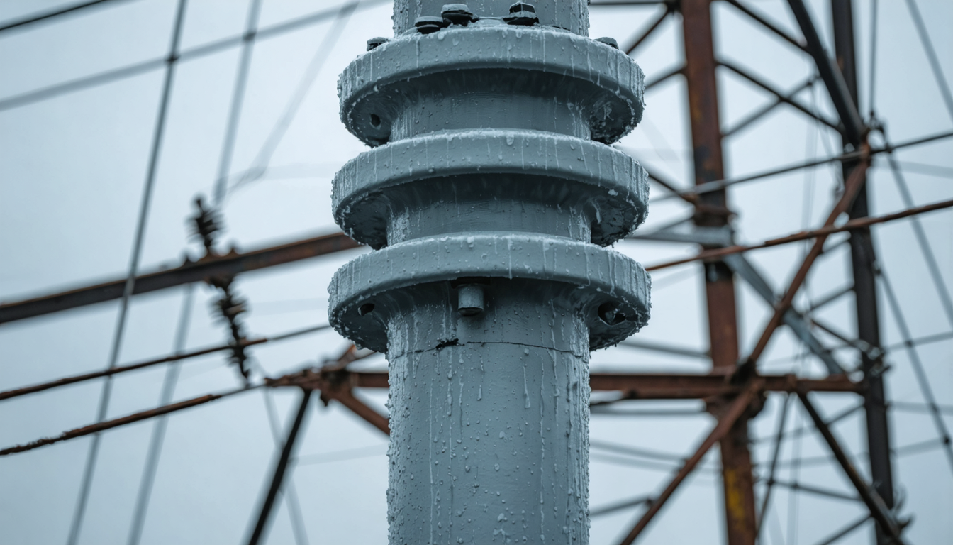 A high-voltage porcelain insulator on a steel tower, close-up, weathered but intact against an overcast sky.