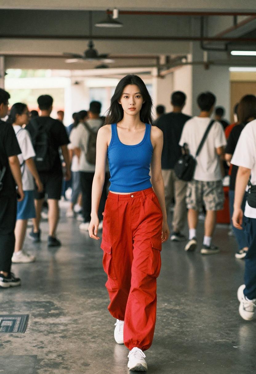 Vibrant cargo pants and bold tank for a stylish yet practical escape room date night look