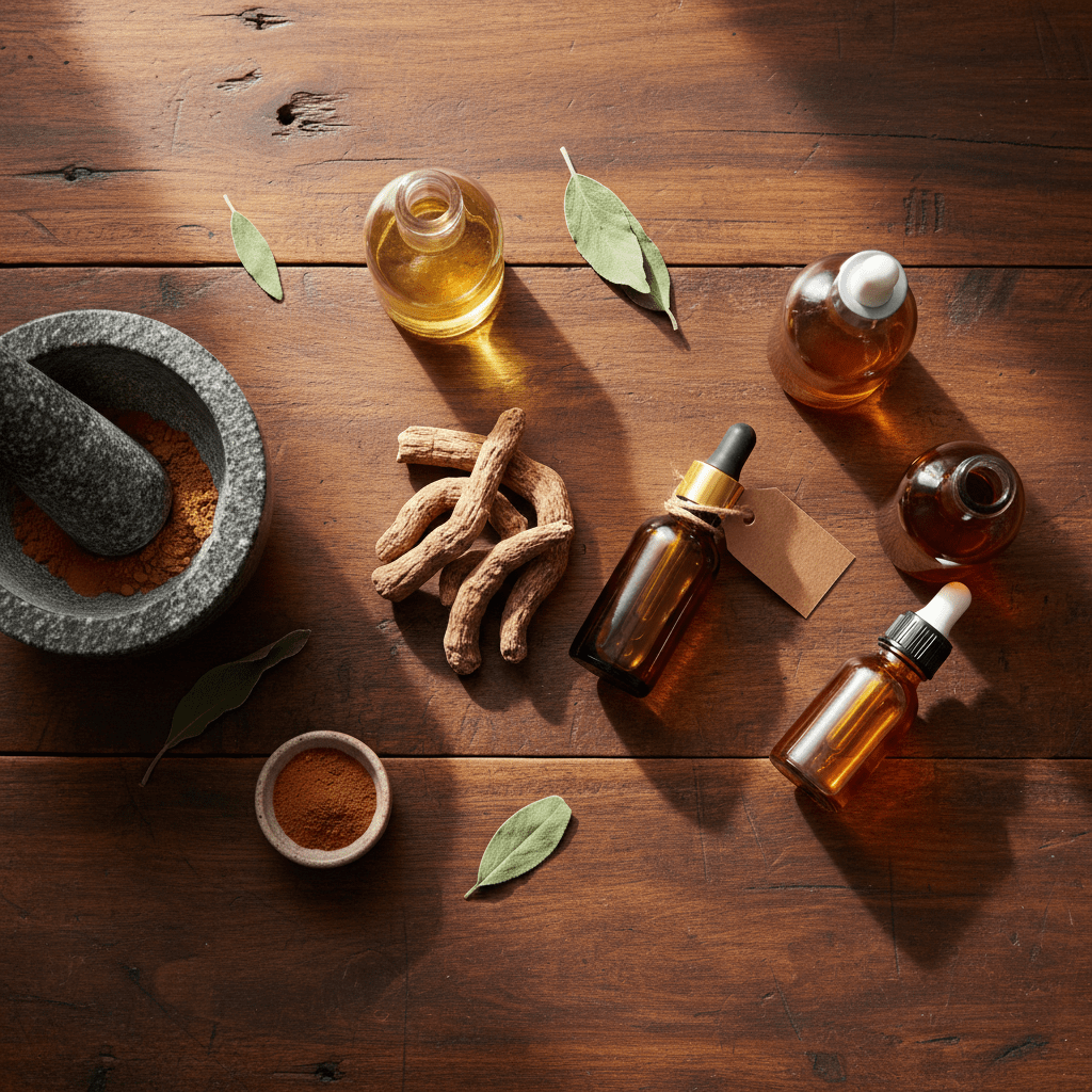 A serene flat lay of ashwagandha root and infused oil bottles on wood