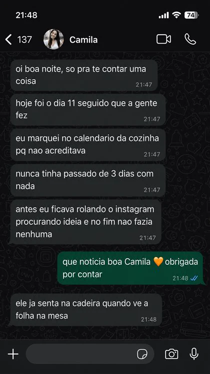 Mensagem de uma mãe que usa o material