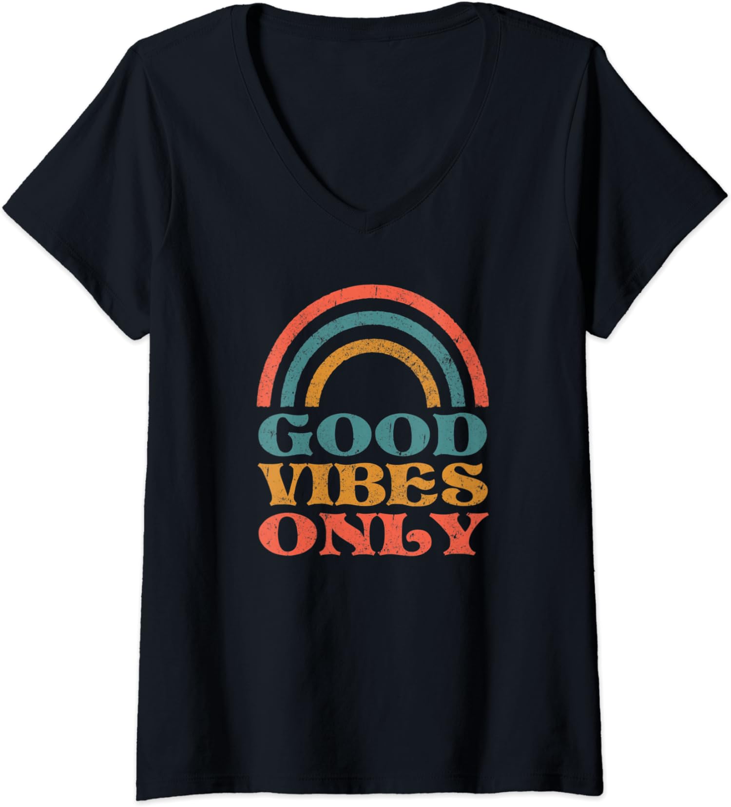 Rainbow Good Vibes Only Gift Positive Quote Retro Ladies’ V-Neck Tshirt