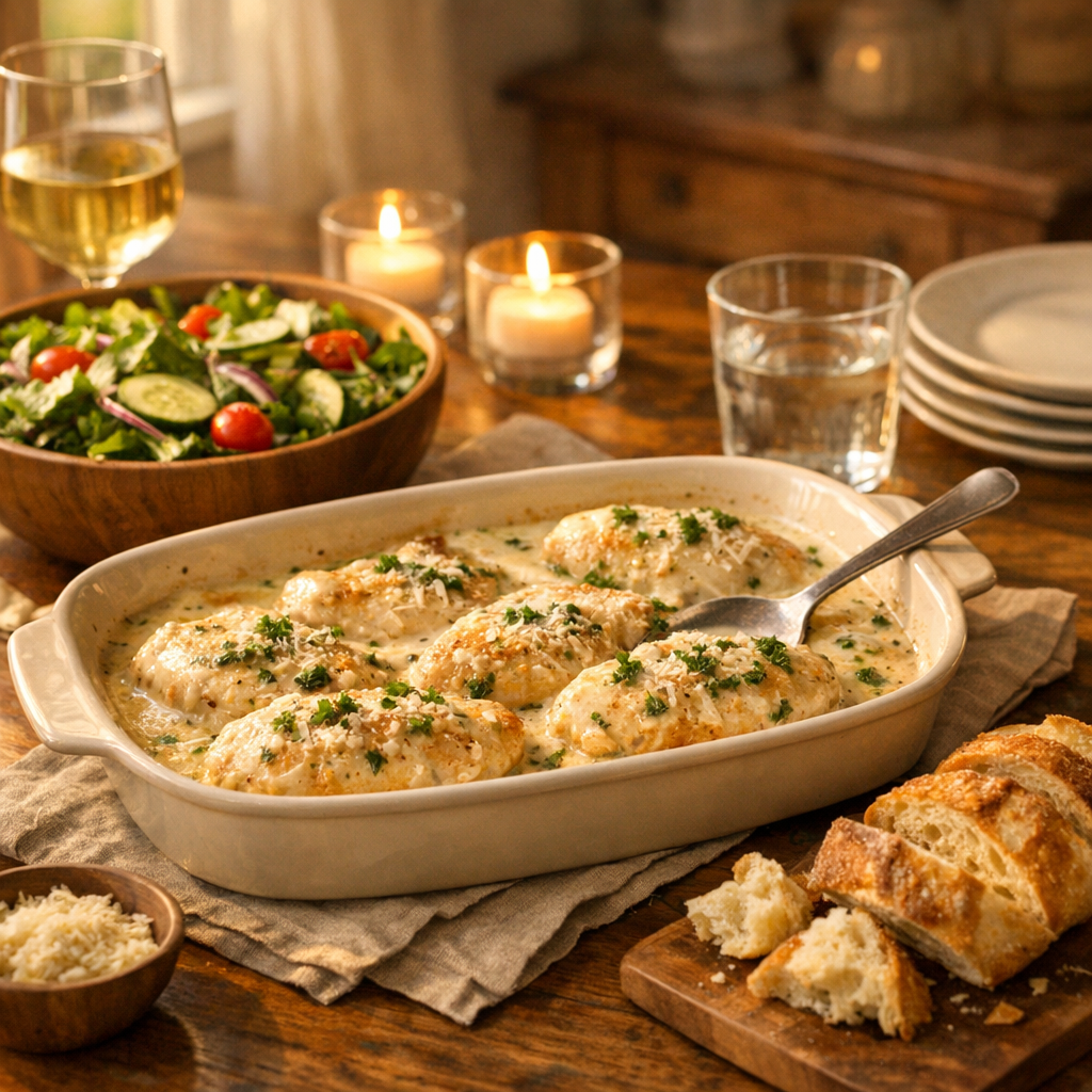 Creamy Chicken with Parmesan Sauce Easy Skillet Dinner finished dish