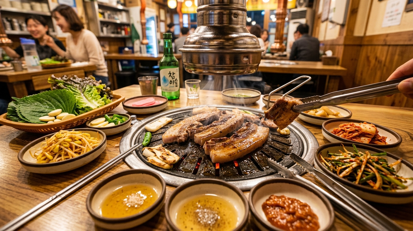 Korean BBQ samgyeopsal pork belly being grilled at table with side dishes