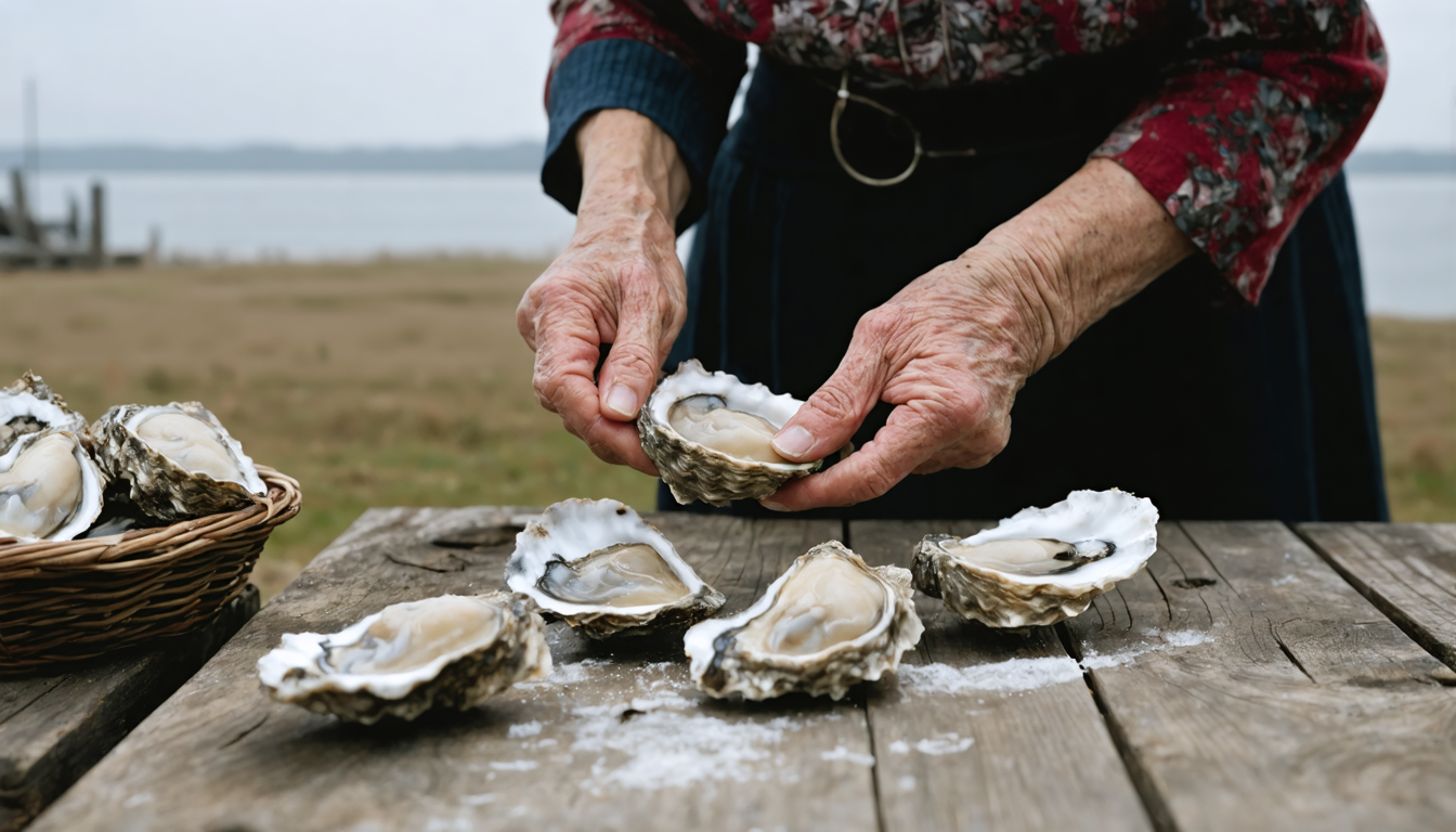 A weathered oysterman's wife working at a shucking table beside a Cape Cod harbor in morning light.