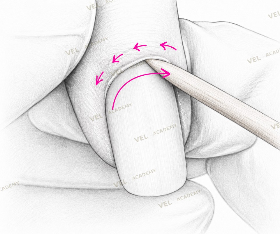 Orange stick technique pushing strokes right to left for cuticle preparation