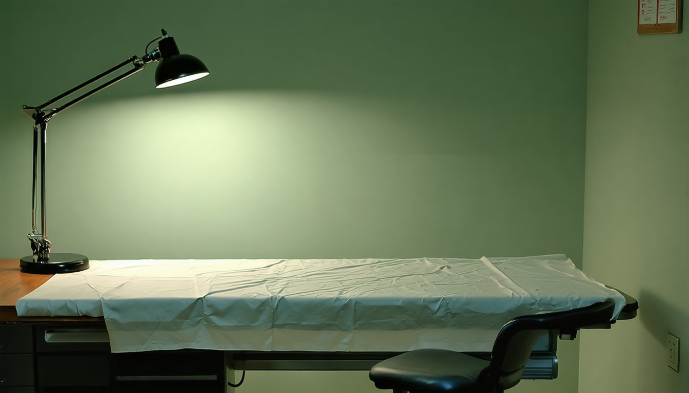 A dim, empty medical examination room at night with one lamp lit and the exam-table paper left slightly crumpled, as if someone thoughtful just left.