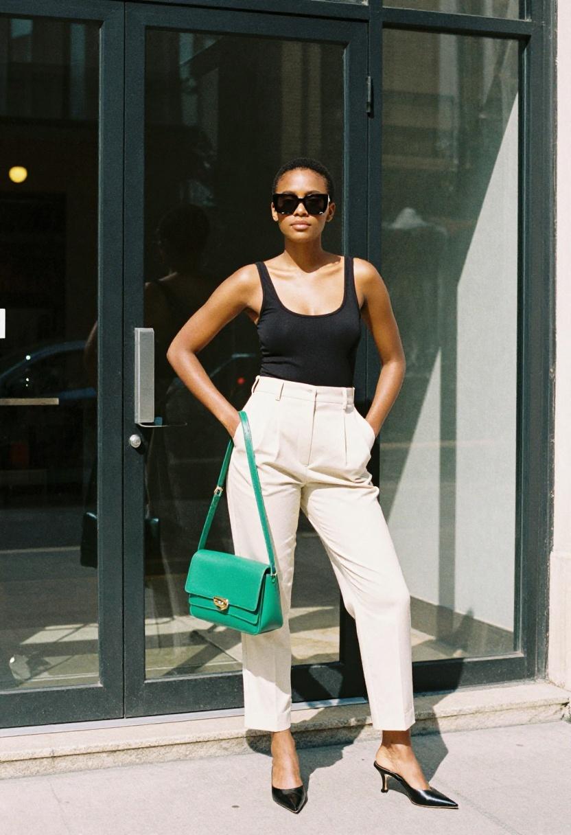 Woman with emerald crossbody bag wearing sleek bodysuit and tailored trousers in bold professional look