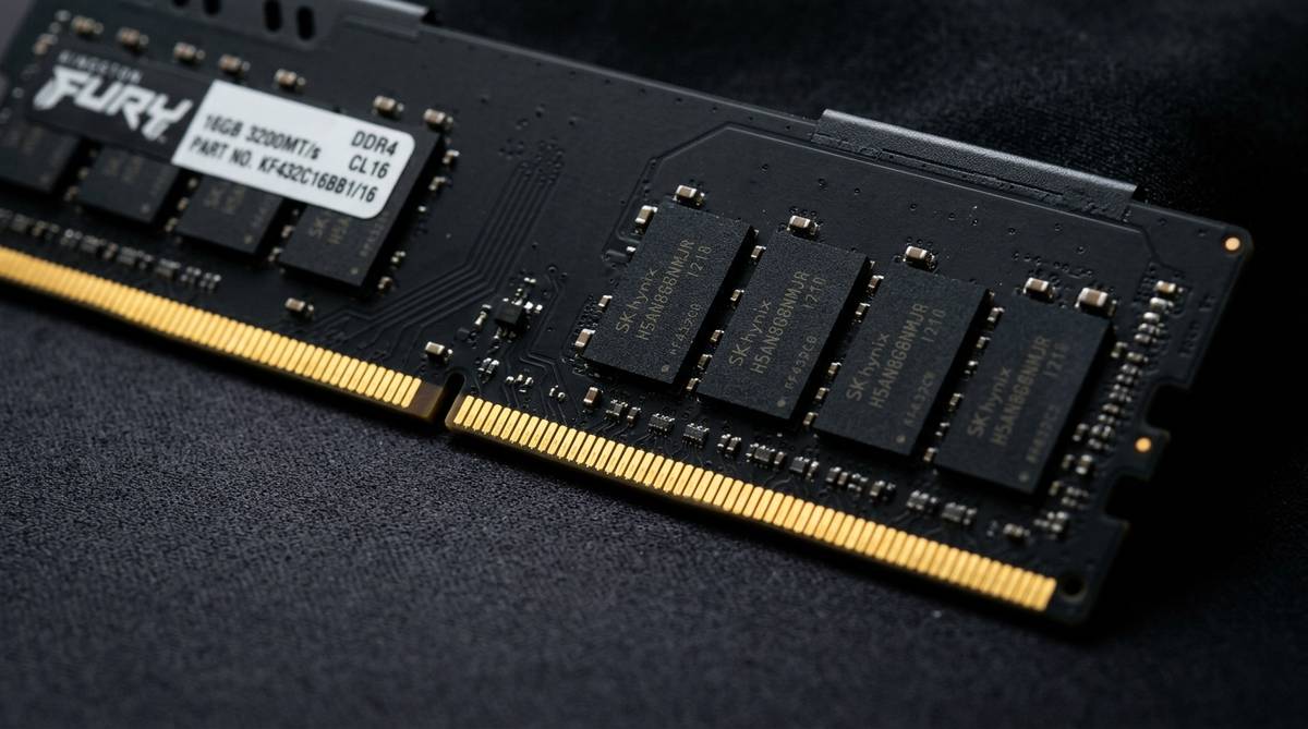 Modul RAM DDR4 Modul RAM dengan chip memori dan pin emas
