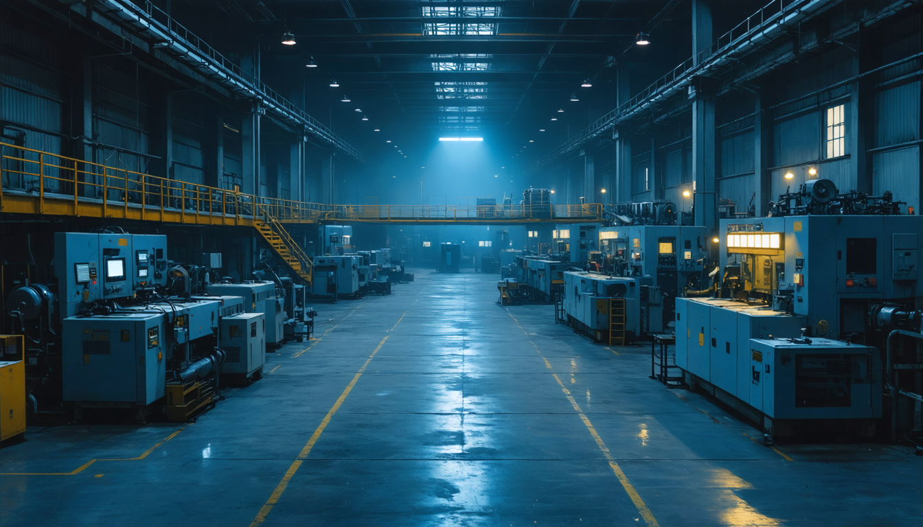 An empty, dimly lit factory floor at night with rows of idle machines below, and one warmly lit office window glowing on a mezzanine above them.