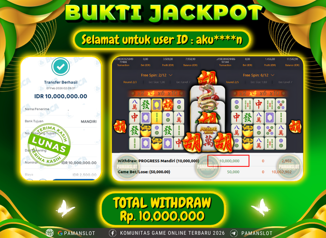 PAMANSLOT JACKPOT Game  PG - Mahjong Ways Rp.10,000,000- LUNAS