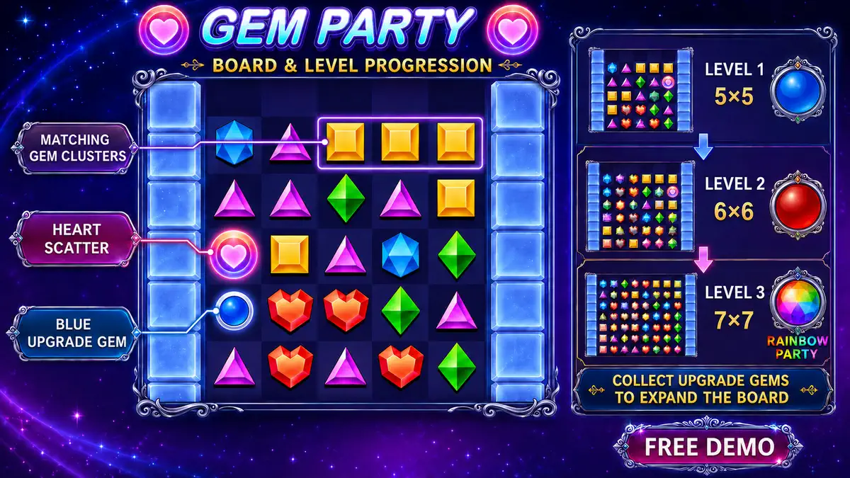 Gem Party board structure, colored gems, and level progression overview