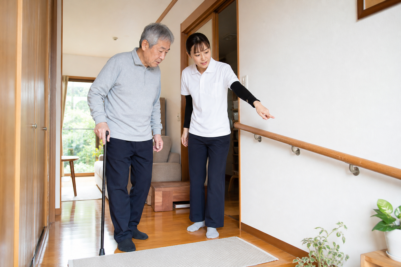 脳卒中後の自宅動線を作業療法士と確認する様子