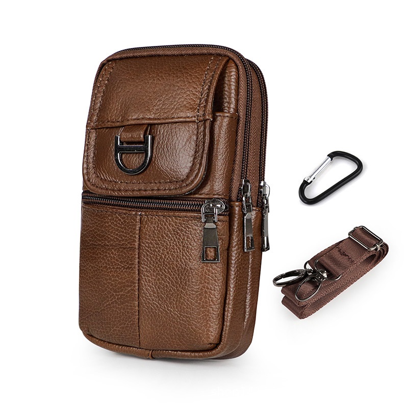 Brown Leather Belt Phone Pouch - Multi-Pocket Waist Bag with Shoulder Strap, Durable Zipper Closure for Work, Cycling & Daily Carry