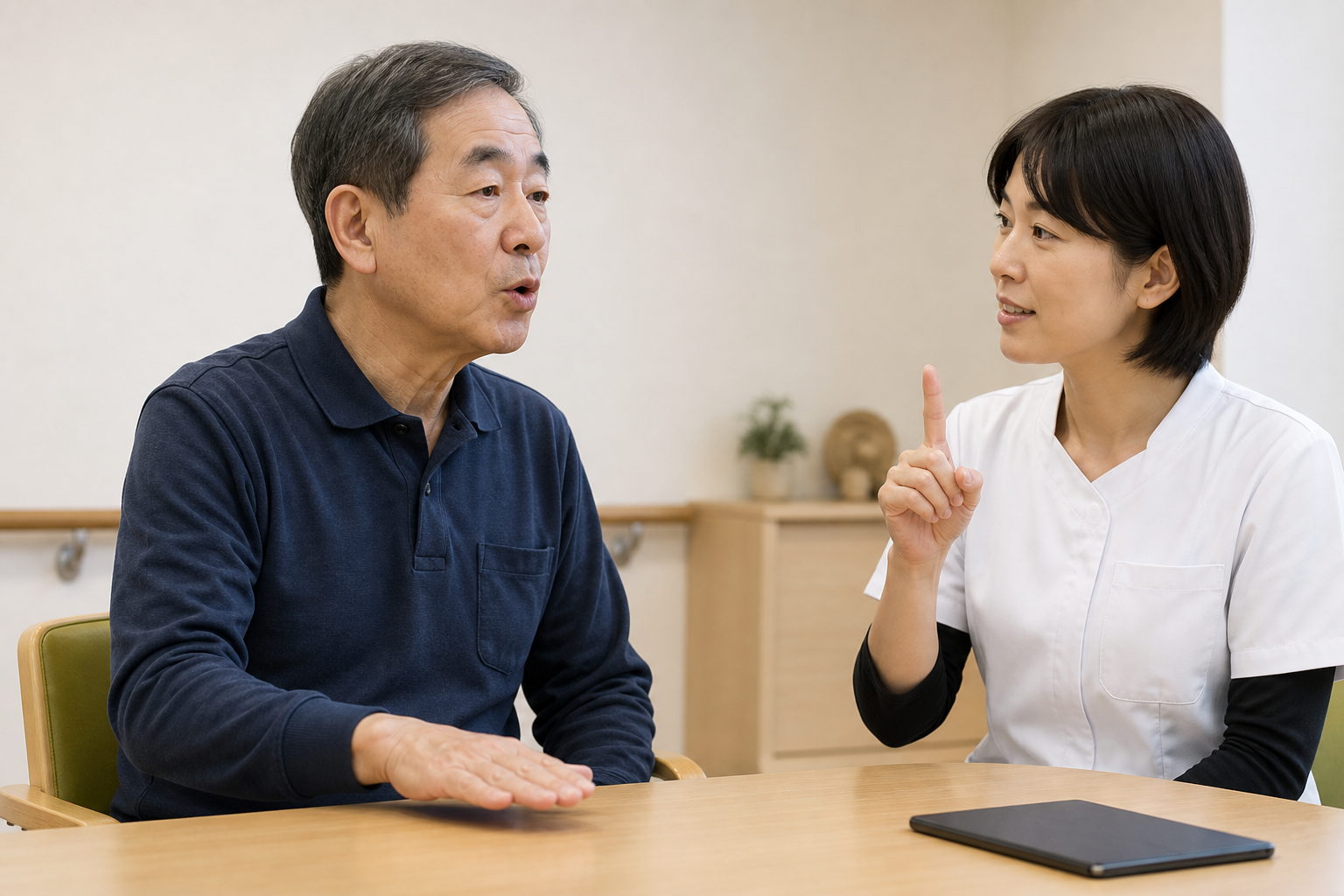 脳卒中後の方が言語聴覚士と発話運動を反復練習する様子