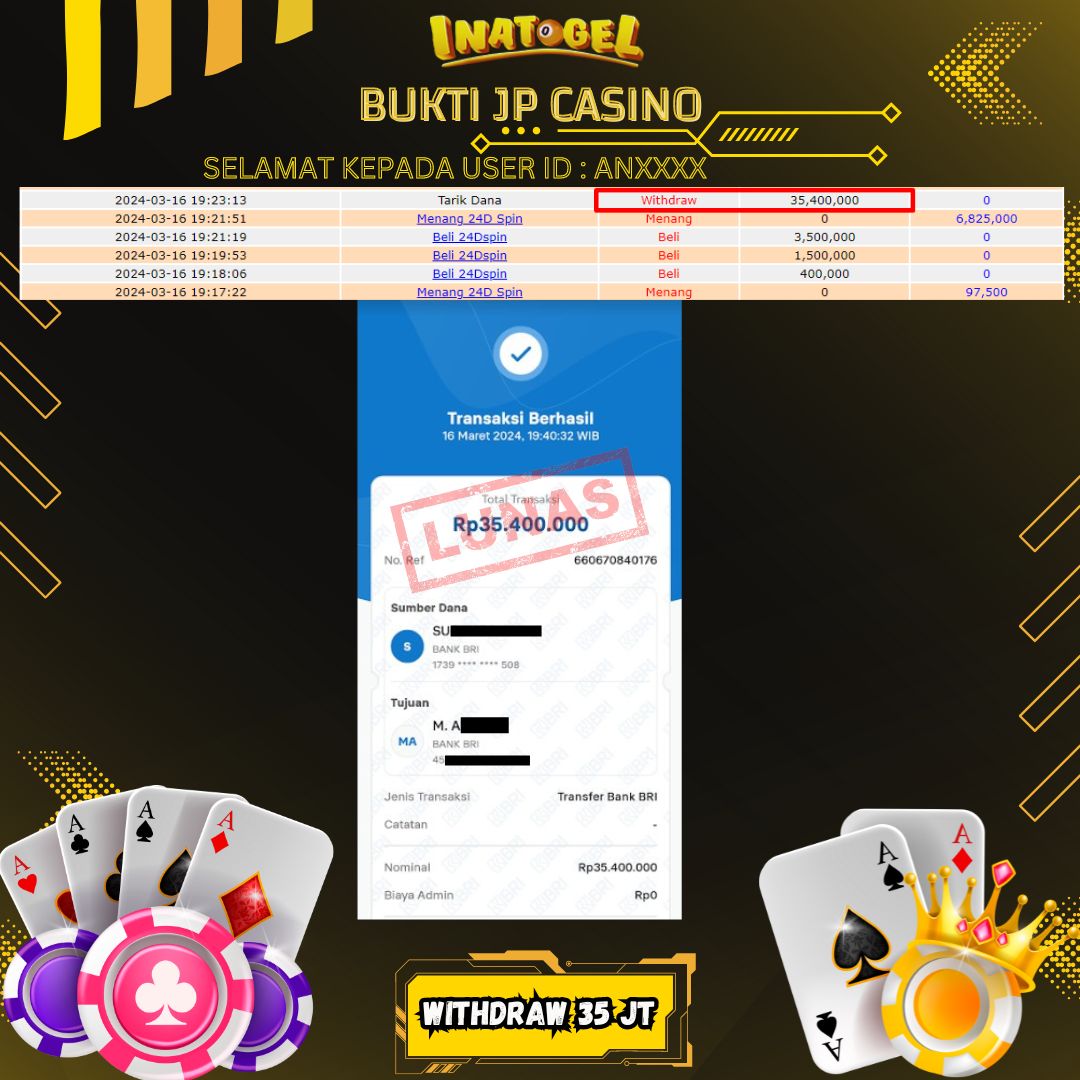 BUKTI PEMBAYARAN JP LIVE GAMES 24D SPIN Rp35,000,000,- LUNAS