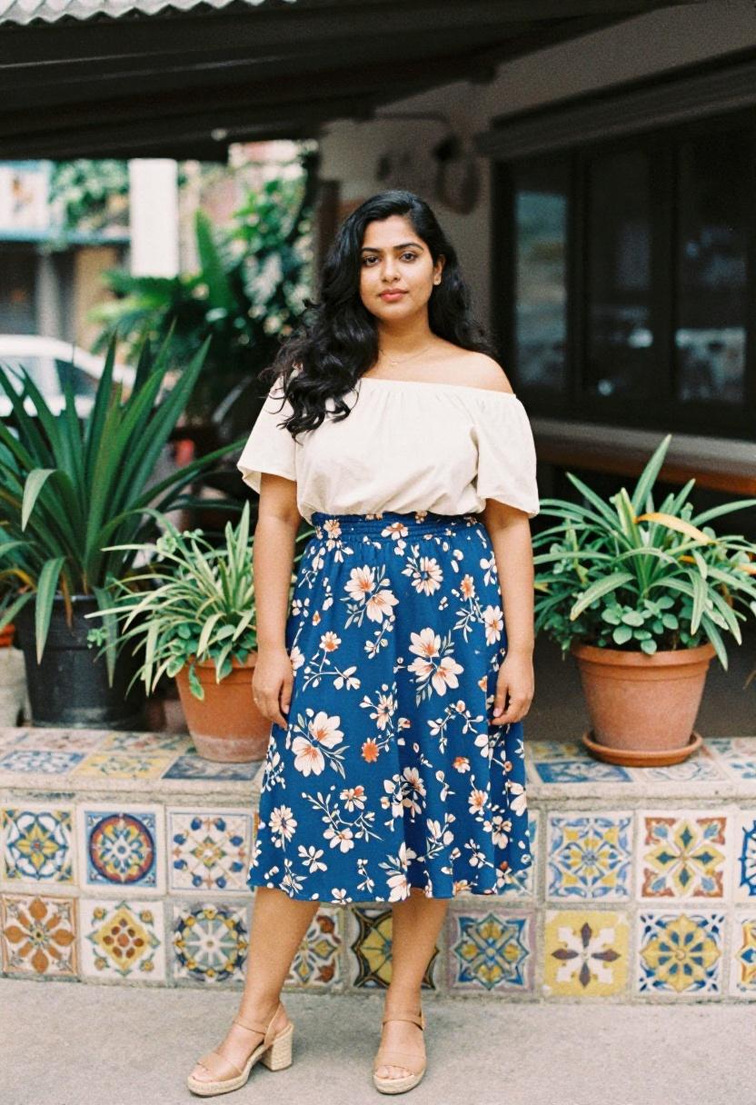 Cobalt blue floral midi skirt with off-shoulder blouse for spring brunch