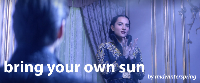 Title and author in white over picture of the back of the Darkling's head as he looks at Alina surrounded by light