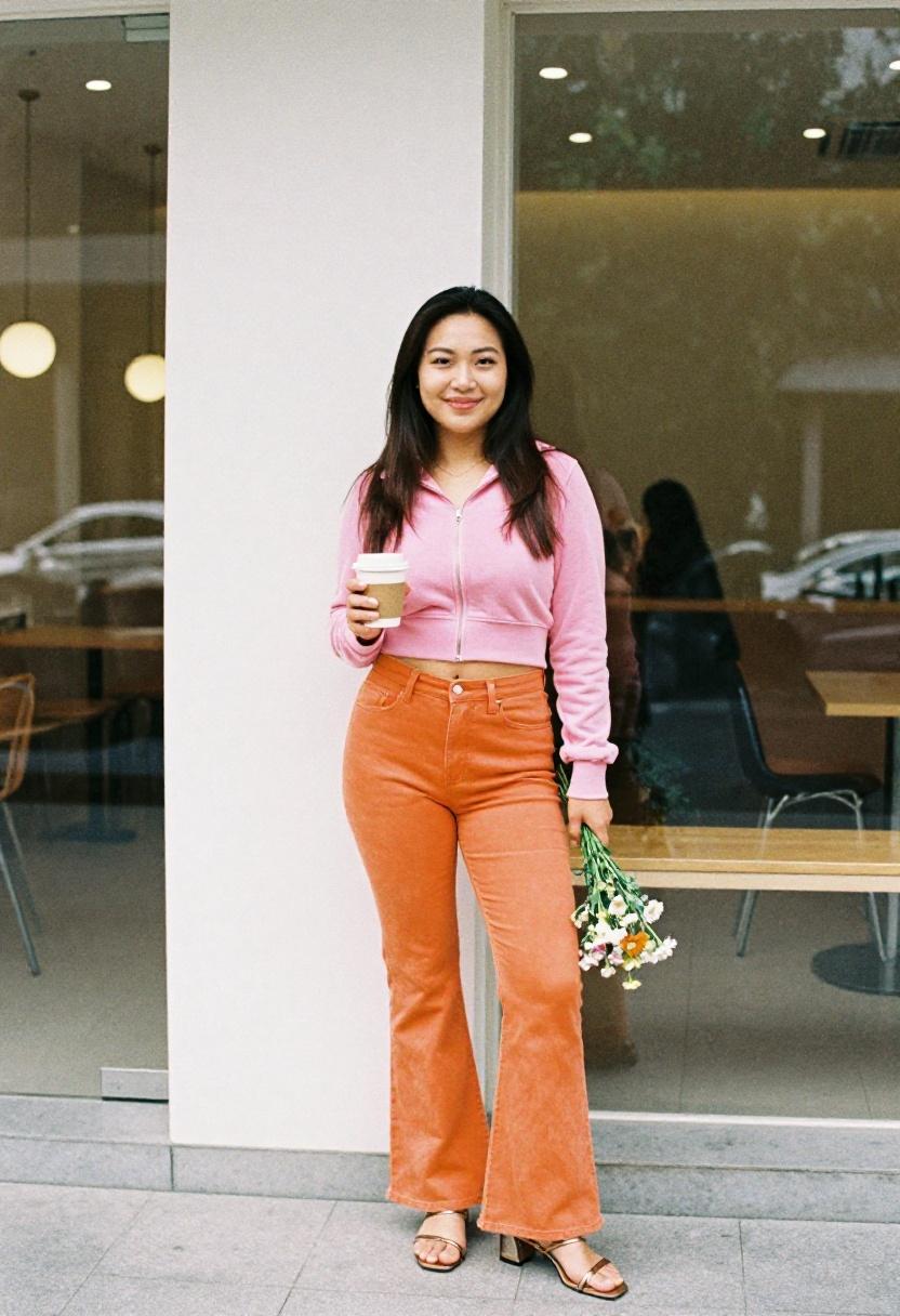 Tangerine orange low rise jeans with a velour crop hoodie at a café, cheerful Y2K spring style