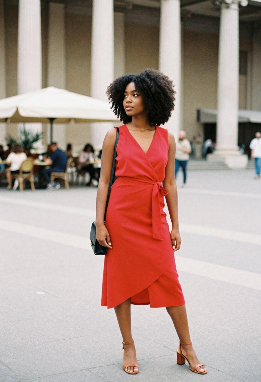 Crimson red wrap midi dress with block-heeled sandals for gallery openings and dinner nights out