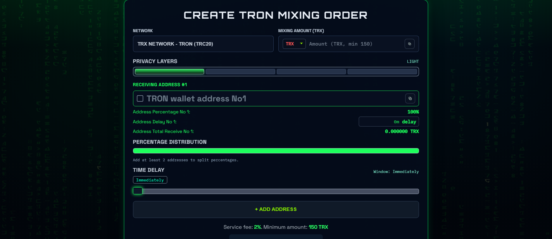 Forensic screenshot of tron-mixer.online showing the phishing page layout