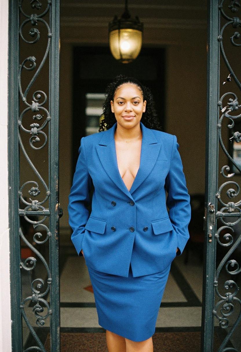 Cobalt blue plus size blazer dress with understated accessories against architectural backdrop professional statement