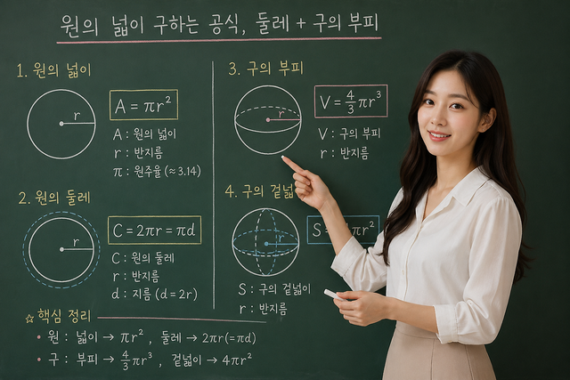 원의 넓이 구하는 공식 | 원의 둘레 구하는 공식 | 구의 부피 구하는 공식 | 구의 겉넓이 구하는 공식