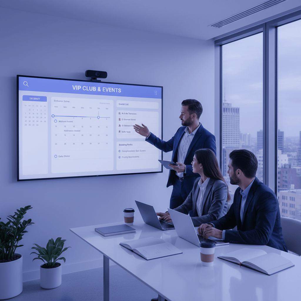Hotel team planning VIP club and event-based email campaigns with calendar and guest perks