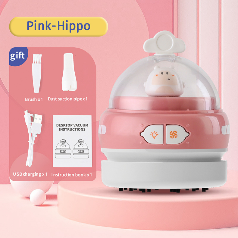 Pink-Hippo Mini Animal Desktop Vacuum Cleaner - USB Rechargeable, Night Light, 2-Speed Suction, Detachable & Washable - Portable Handheld Cleaner for Keyboard, Eraser Shavings, Desk