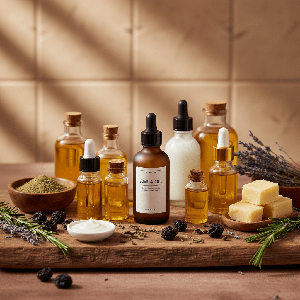 Premium amla oil product flat lay with clean ingredients