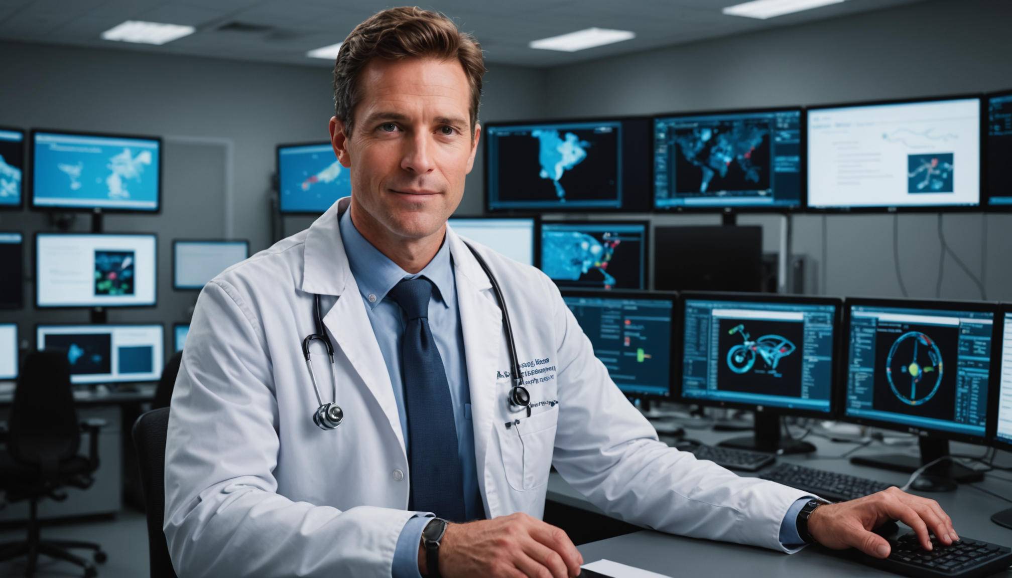 Talented health tech innovator in advanced medical setting, showing dedication and intelligence.