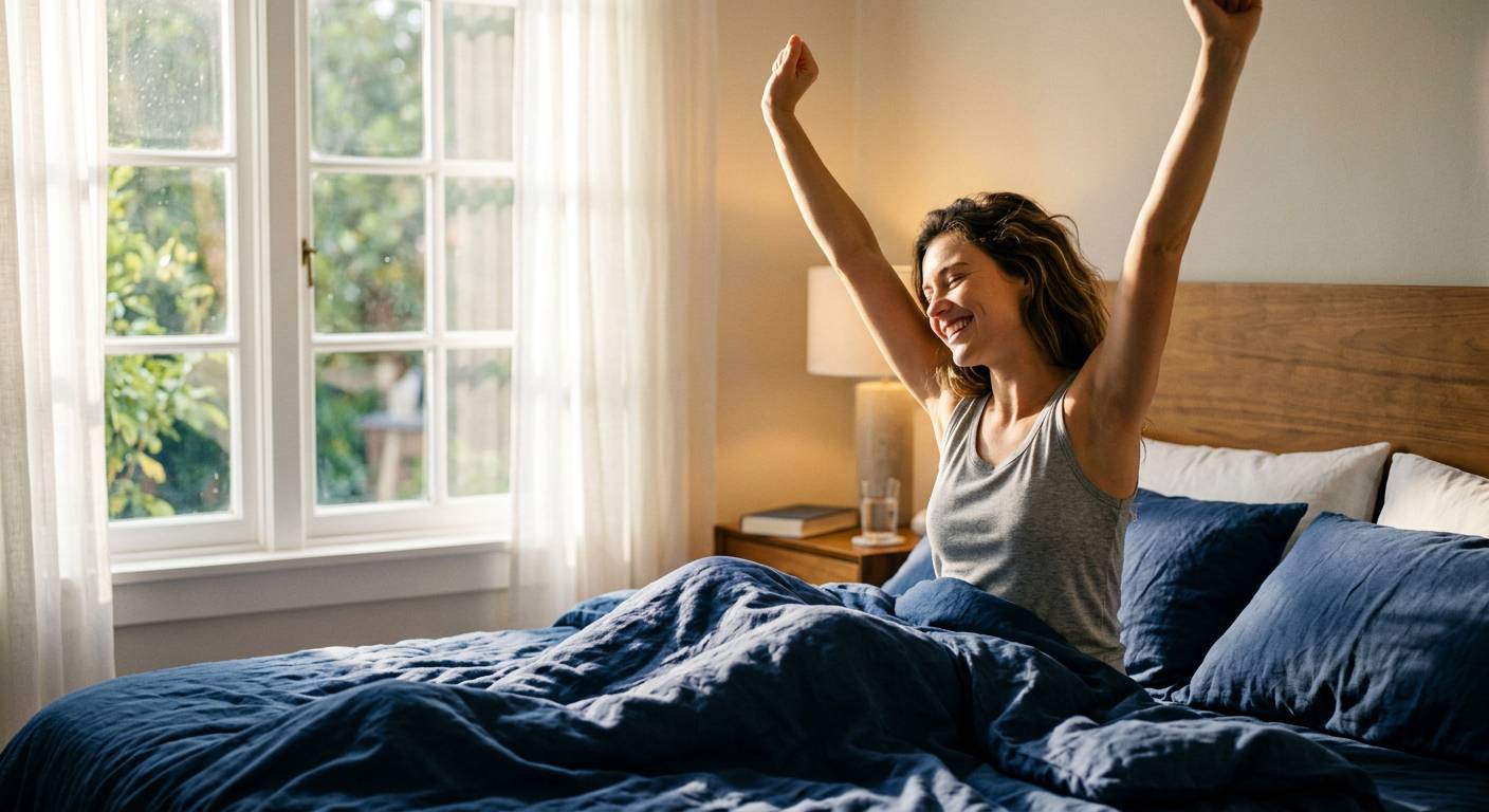 Person wacht morgens erholt und gefuellt mit energie auf.