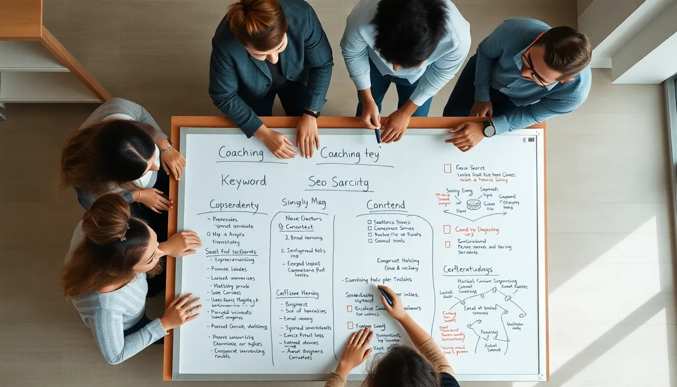 Educators brainstorming SEO tactics at a coaching institute, highlighting tailored digital marketing for education.