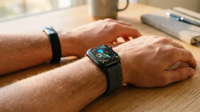 Close-up of wrists wearing smartwatch and fitness tracker on wooden desk in warm light