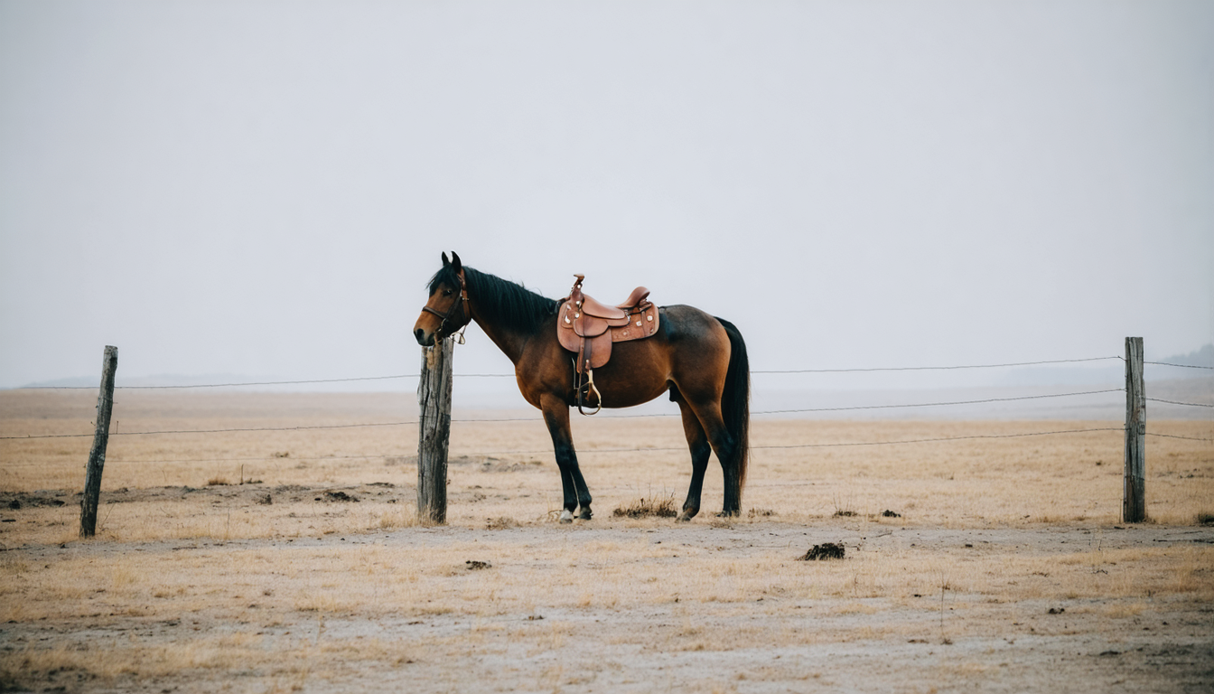 A perfectly saddled horse waiting for a rider who was laid off three quarters ago.