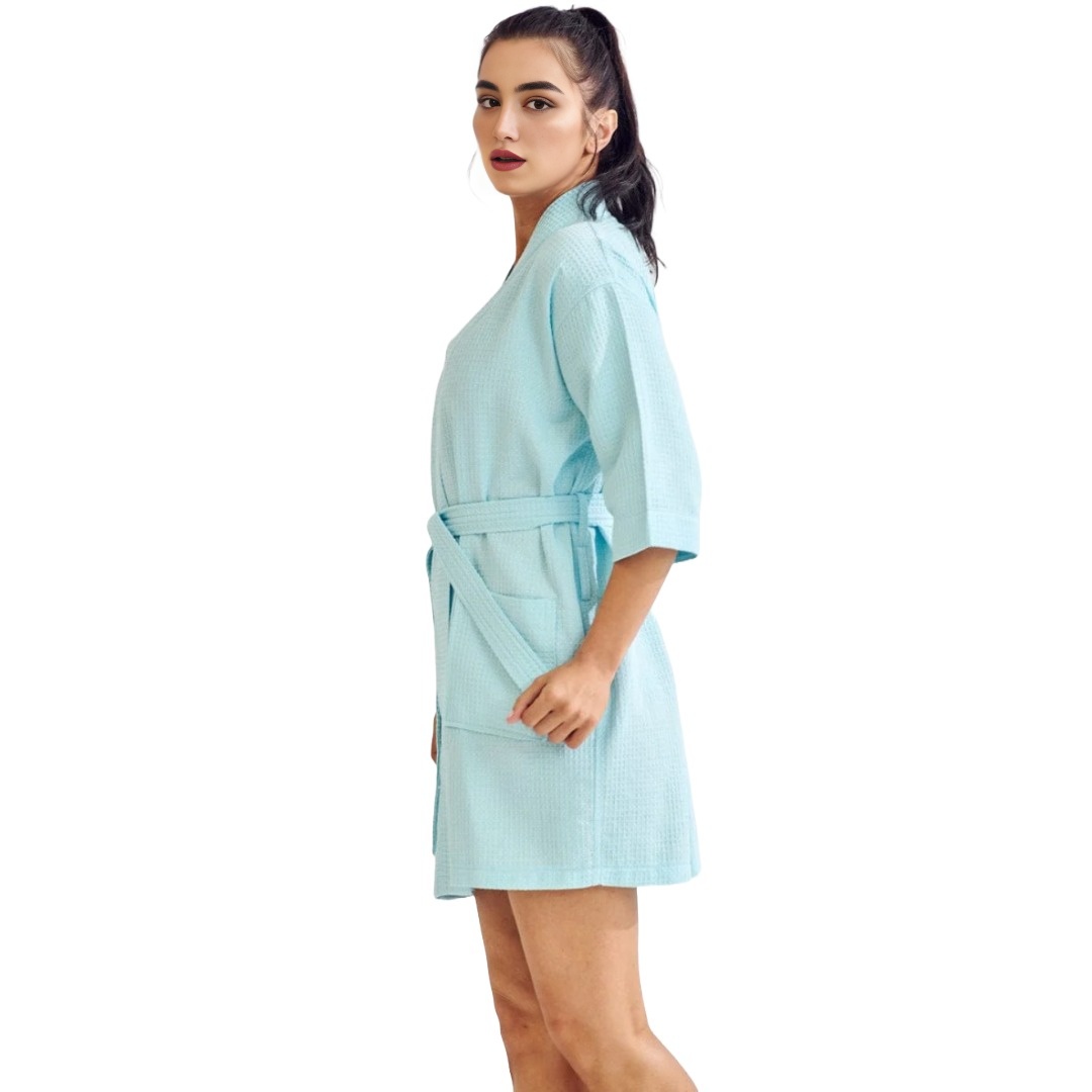 Women's Short Cotton Blend Waffle Kimono Caribbean Blue Bathrobe (Small/Medium)