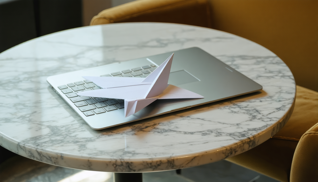 A folded paper airplane resting on the edge of an open laptop on a café table, with blurred warm light in the background.
