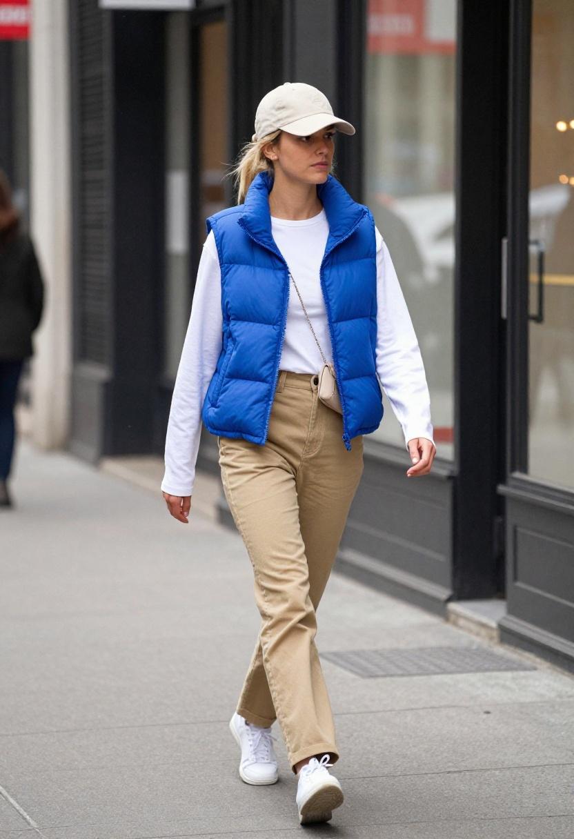 Cobalt blue puffer vest over white long-sleeve top with khaki trousers for sporty spring look