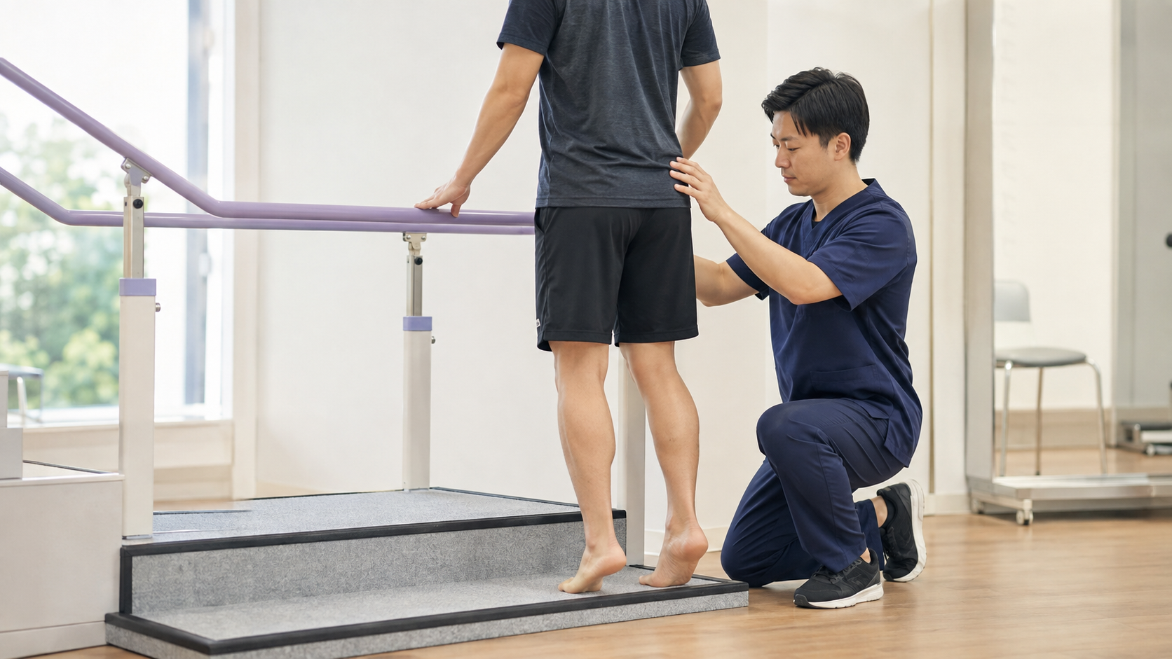 段差でゆっくりかかとを下ろす遠心性トレーニング