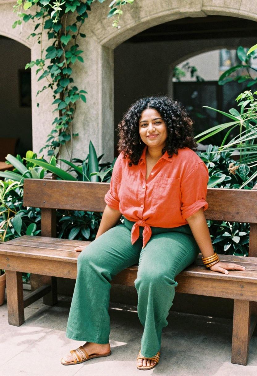 Curvy woman in forest green flare jeans and tied tangerine linen shirt in retro garden setting