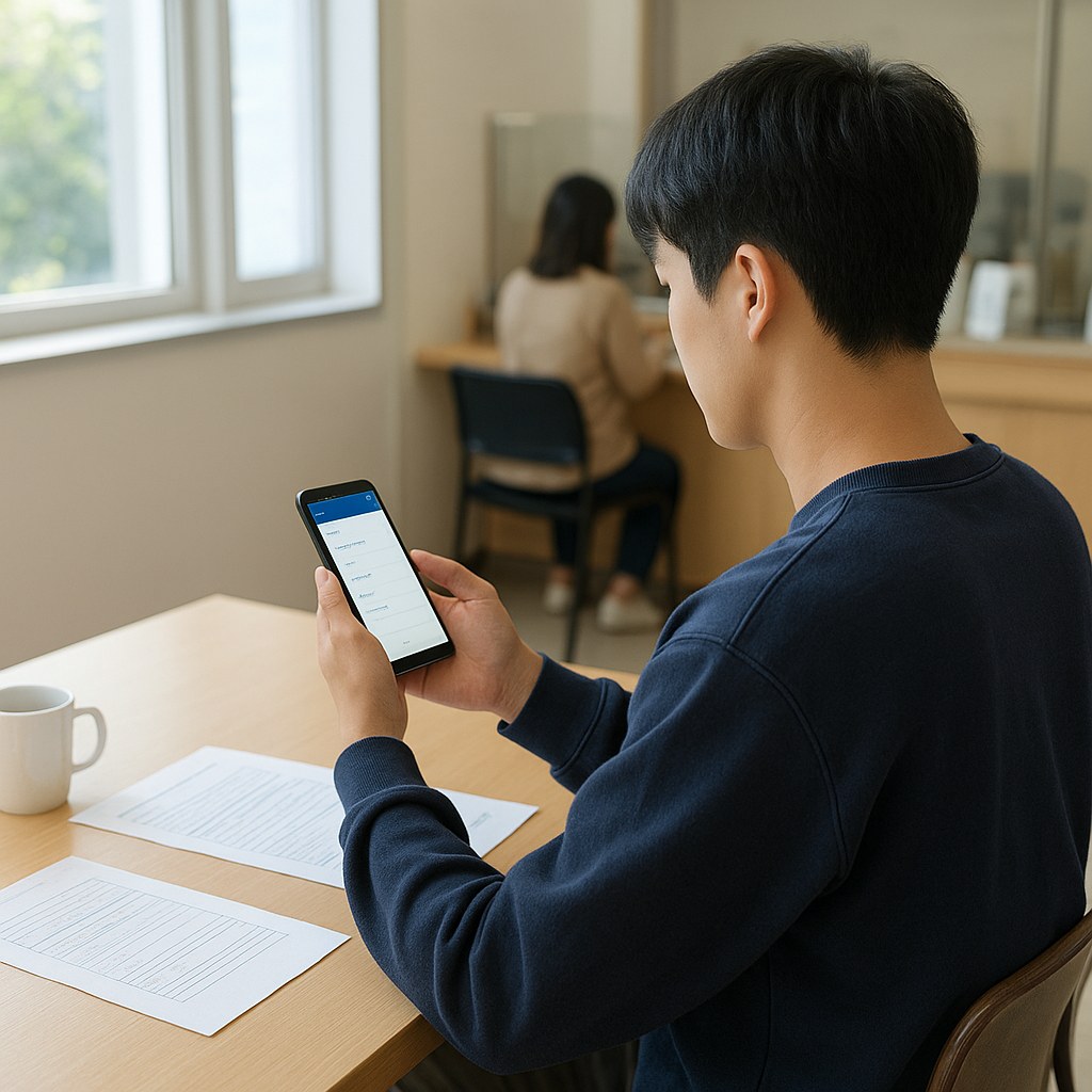 korean university student checking smartphone scholarship