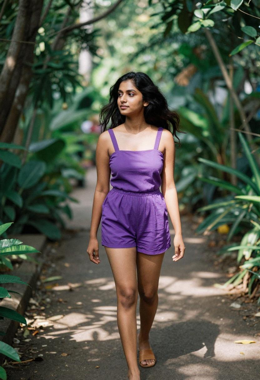 Electric violet spaghetti-strap romper along garden path in soft spring light