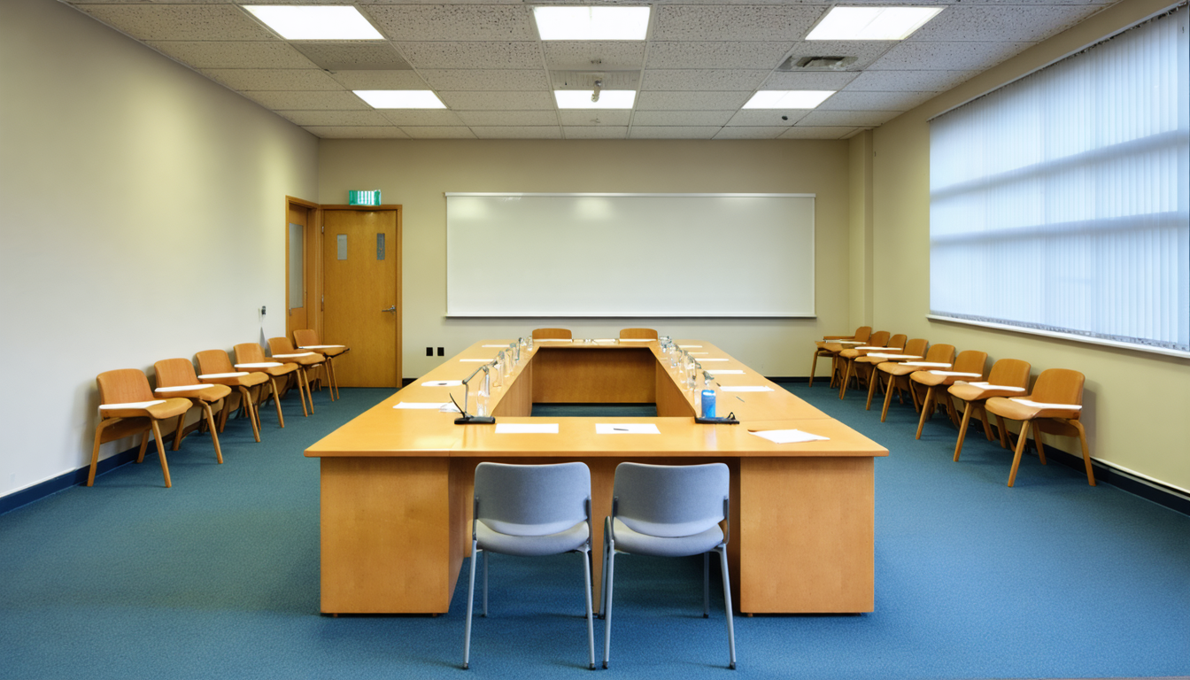 An empty committee room with rows of chairs and a long polished table, harsh fluorescent lighting, no people present, institutional carpet and plain walls.
