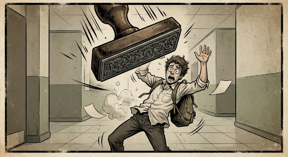 The graduate ducking back in shock as a giant rubber stamp slams down from above