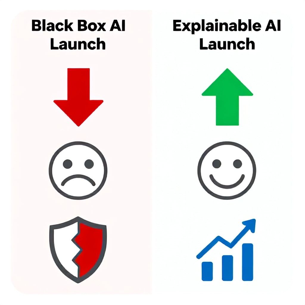 Outcome comparison: Black Box AI Launch vs. Explainable AI Launch