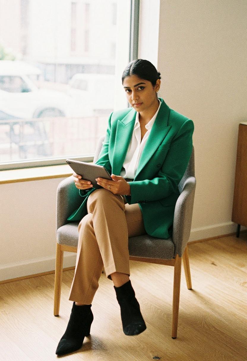 Emerald green blazer with camel trousers and suede ankle boots for seated office look
