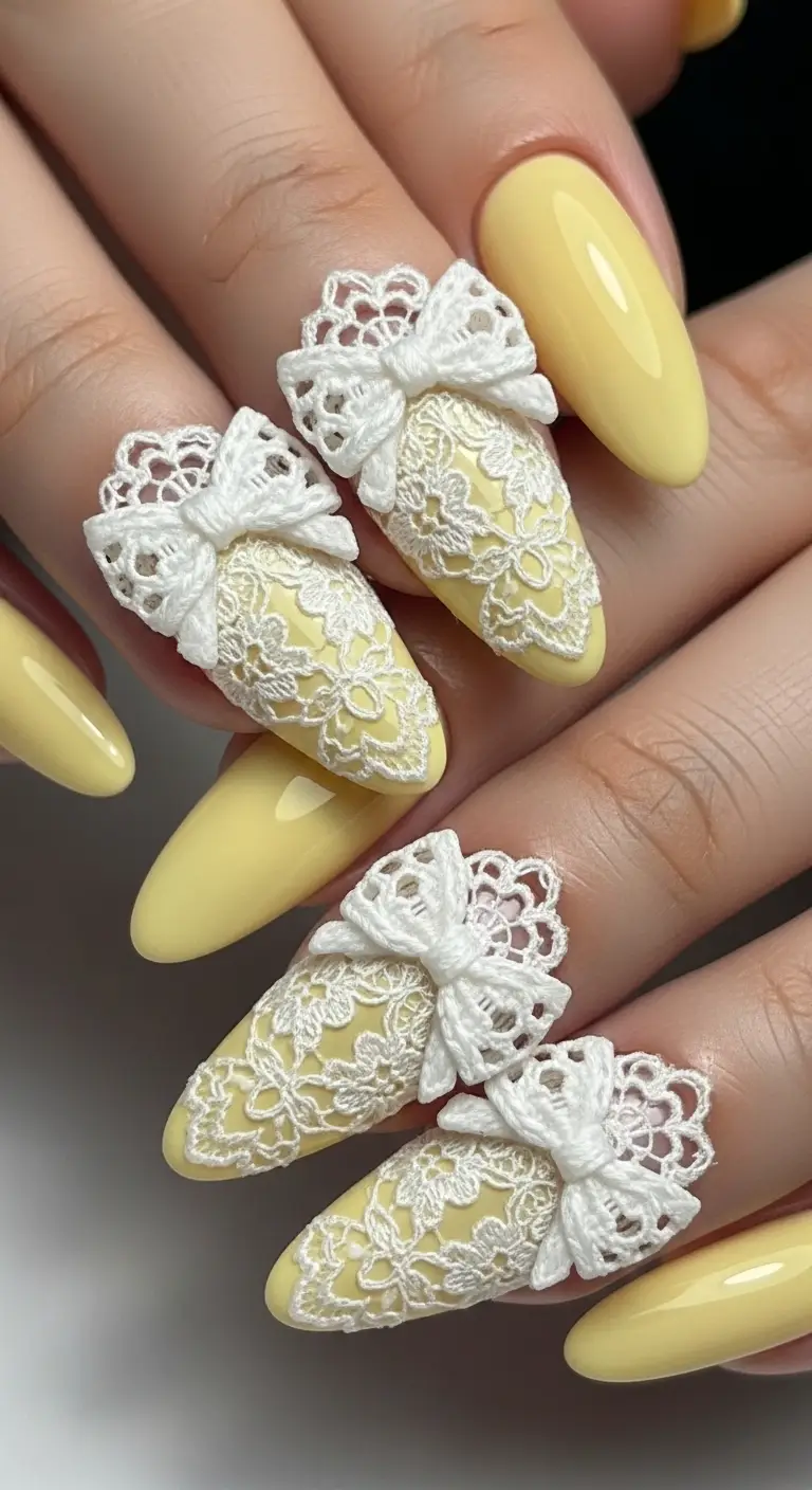 Butter Yellow Lace Bow Almond Nails