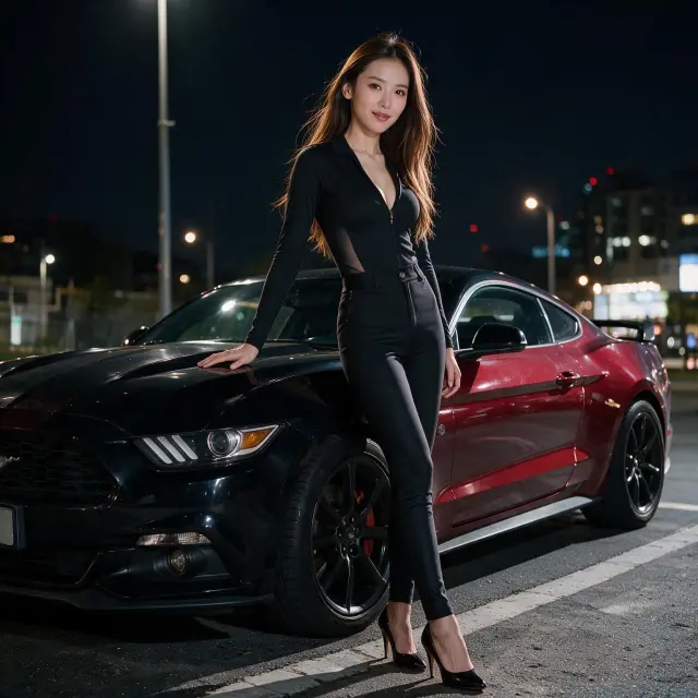 A woman with loose flowing hairstyle and wearing a sexy fitted outfit with high heels, posing beside a black and red Ford Mustang, confident stance, one hand resting on the car, cinematic lighting, urban night setting, high realism, sharp focus