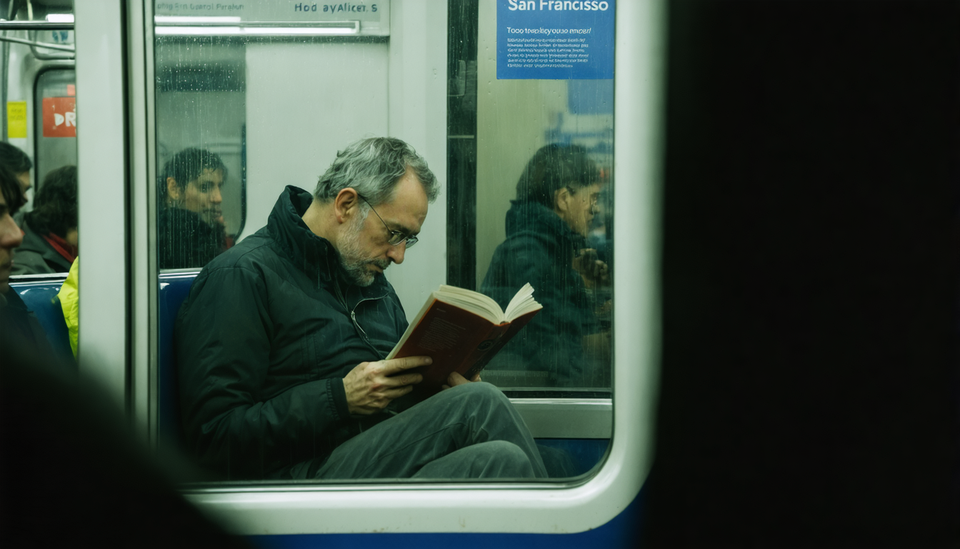 A man reading a worn paperback on a San Francisco light rail car, soft daylight through the windows, other passengers blurred around him.